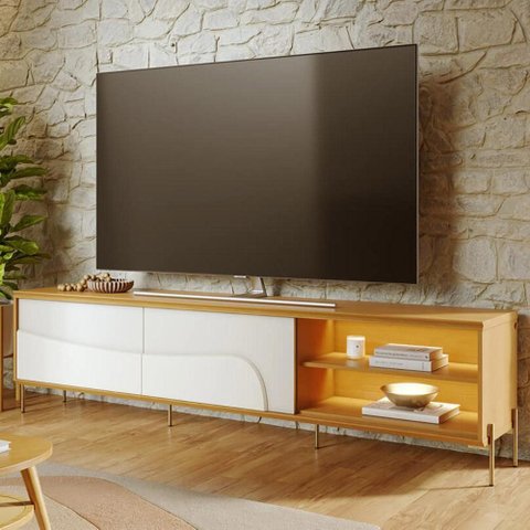 Rack para Sala de Estar TV 75 pol com LED Pés Industrial 216cm Salerno C04 Naturale Off White Matte