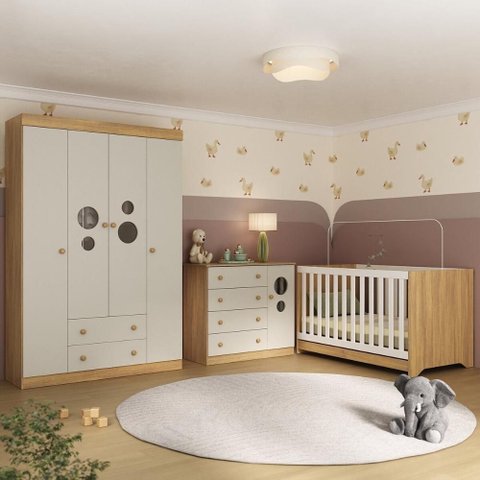 Quarto de Bebê Completo com Berço Americano 3 em 1 Pirulito Multimóveis Mp4613 Madeirado/off