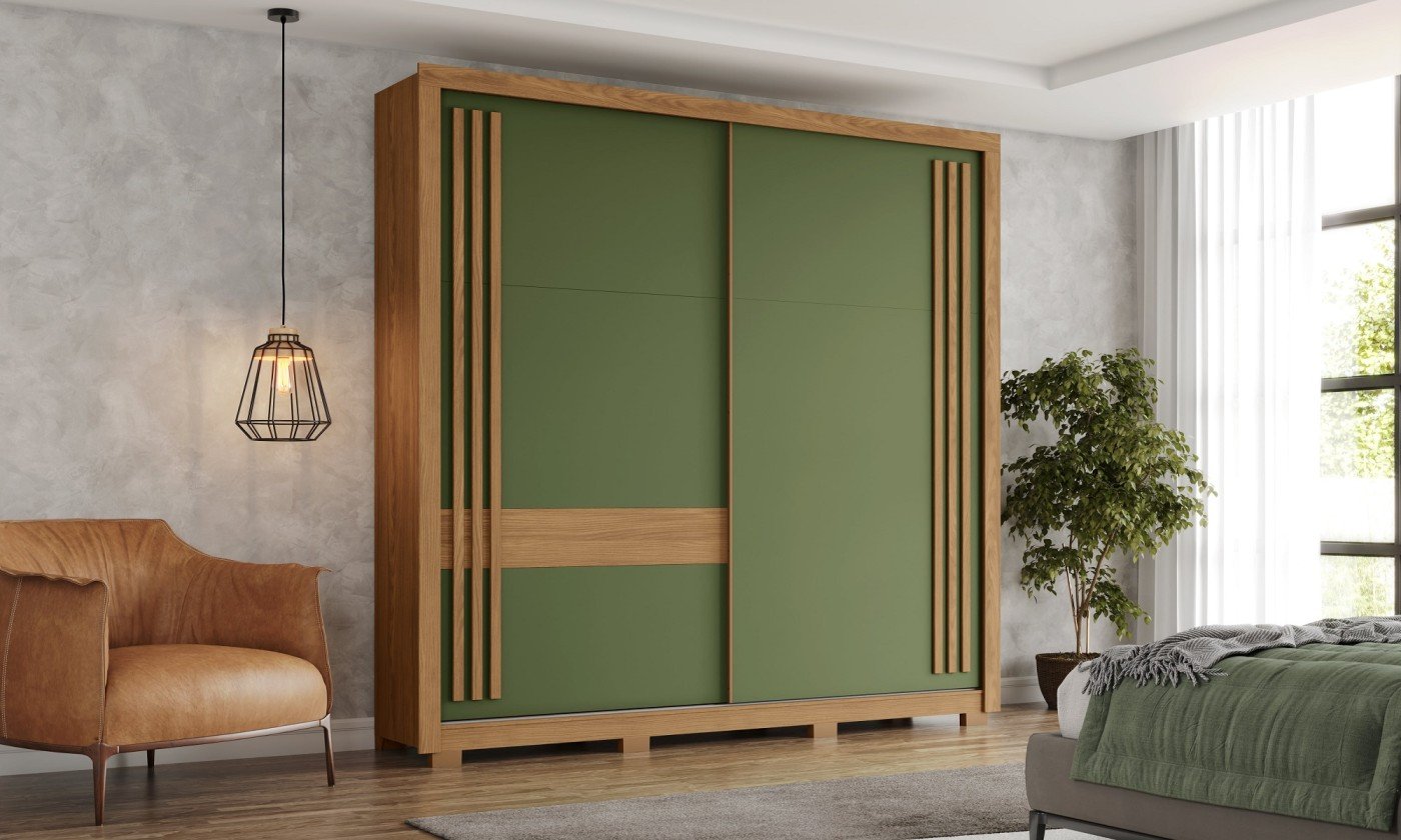 Guarda Roupa Casal 2 Portas de Correr 4 Gavetas Aston Cor Nature/off White ou Nature/verde - Henn