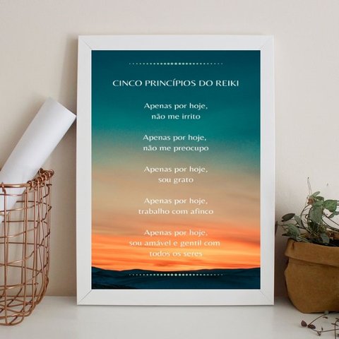 Quadro Cinco Princípios do Reiki 33x24cm - com Vidro:madeira Preta