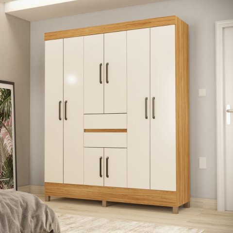 Guarda Roupa Roupeiro Casal 8 Portas 2 Gavetas Munique Cinamon Touch Off White Demóbile