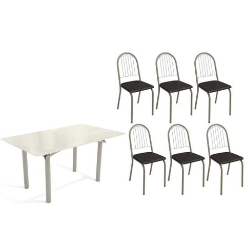 Sala de Jantar Completa Elba Tampo Madeirado C/ Vidro 160cm e 6 Cadeiras Noruega Niquel/off White -