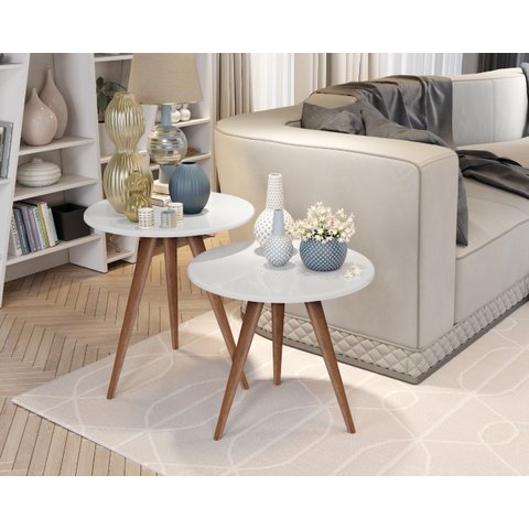 Jogo Conjunto 2 Mesa Mesinha Lateral Canto Tati Pé Palito Tampo 52cm Branco