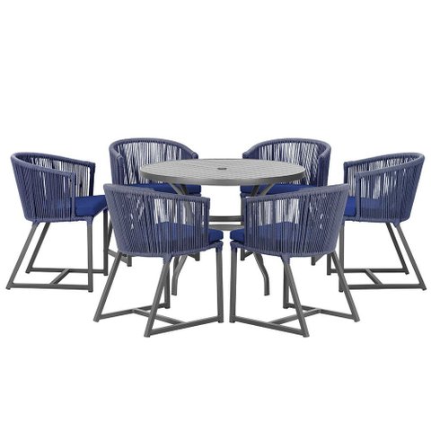 Mesa com 6 Cadeiras de Jantar Roma 120cm e Noronha em Alumínio Preto Corda Náutica Estofado 10 Trama