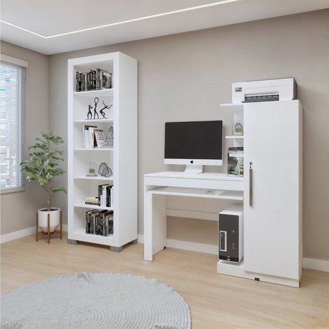 Conjunto Estante Flex 5 Prateleiras e Escrivaninha com 1 Porta Branco 100% MDF