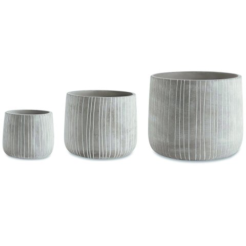 Kit Cachepot em Cimento Cinza com Listras Brancas - 3 Pcs