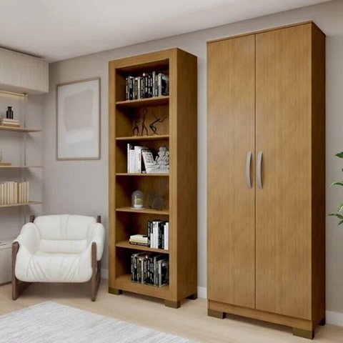 Conjunto Estante Flex 5 Prateleiras e Armário Multiuso 2 Portas Cinamomo Marrom