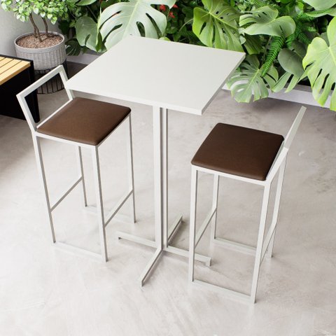 Conjunto Mesa Alta Bar Bistrô Quadrada Branca 2 Banquetas Confort Estofado White Don Castro