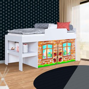 Cama Infantil Solteiro com Cortina e Colchão Branco Criativa Jm Móveis