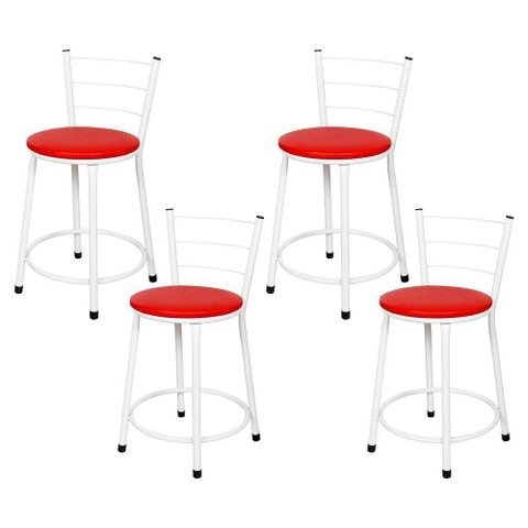 4 Banquetas Baixa para Cozinha Epoxi Branca Vermelho