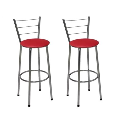 Kit 2 Banquetas Altas Cromada com Encosto Assento Vermelho