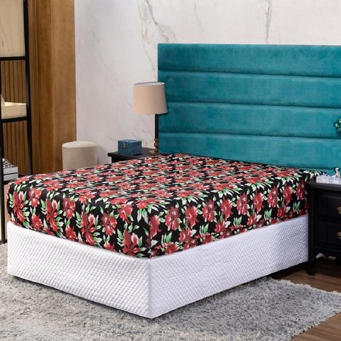 Lençol Solteiro com Elástico Prático Malha Estampada 1 Peça:21 Floral Vermelho