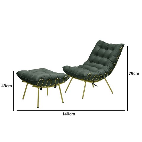 Poltrona Costela com Puff Adão Base Metal Dourado Veludo Verde