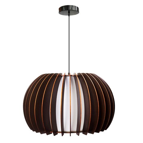 Lustre Pendente de Madeira Vazado Aletado Bari G 46x30cm Soq E27 Cor Café