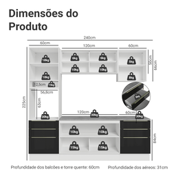 Armário de Cozinha Completa 240cm Branco/preto Branco/preto - 4