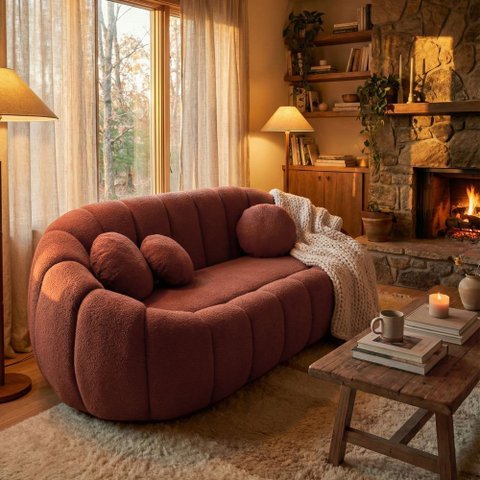 Sofá Curvo Orgânico Confortável Concha Bouclê Terracota - Vimont Moveis