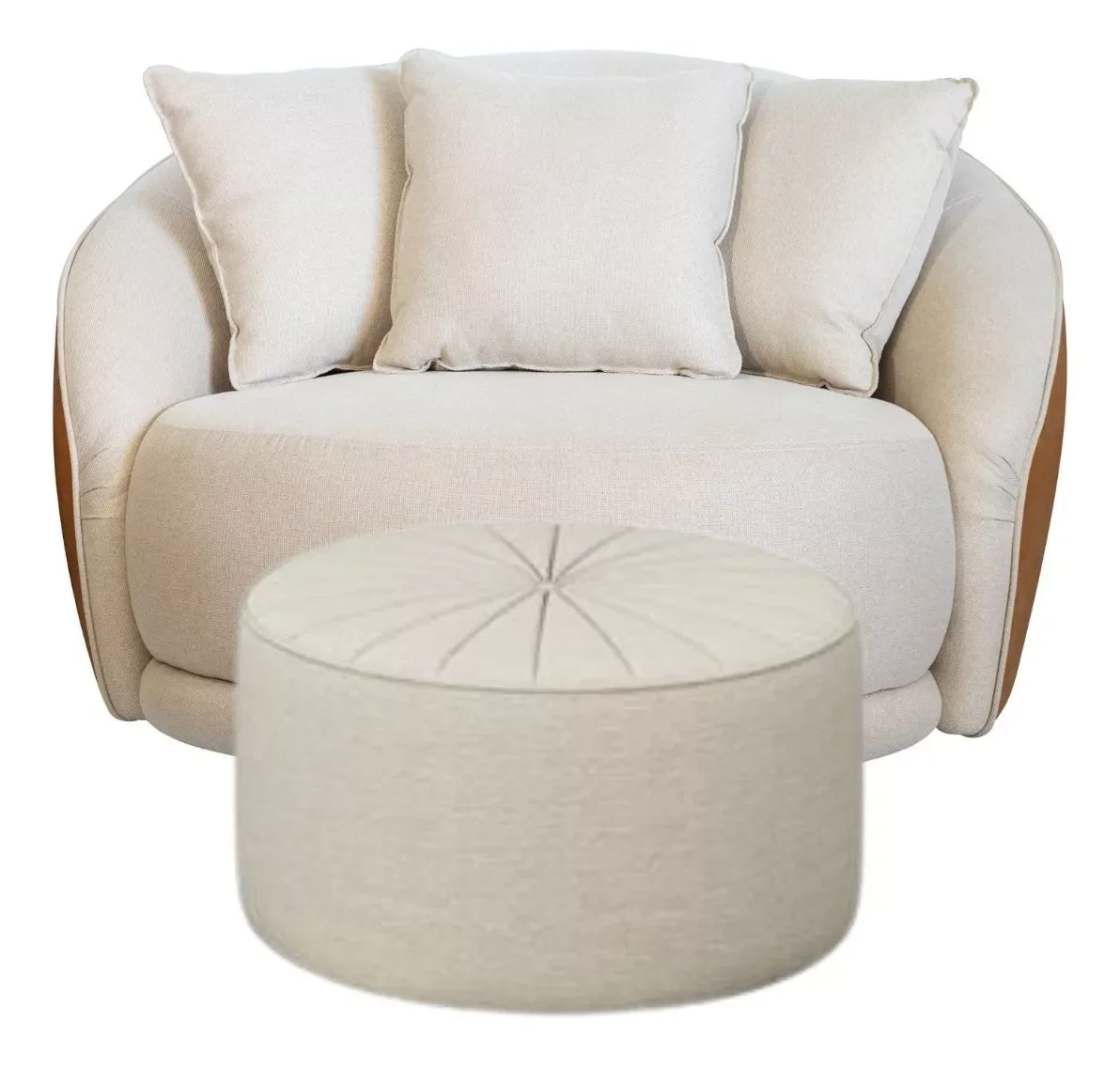 Kit Poltrona Ayla Giratória com Puff, Organico, Redondo, Almofadas, Linho Bege e Sintético Caramelo 