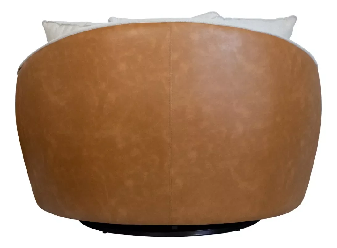 Ver imagem 7 de Kit Poltrona Ayla Giratória com Puff, Organico, Redondo, Almofadas, Linho Bege e Sintético Caramelo