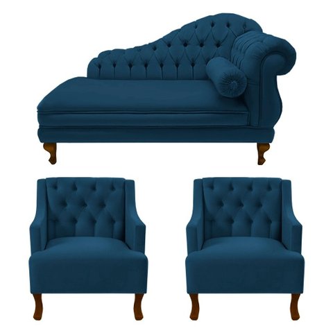 Divã Larissa 160 cm Esquerdo de Quem Senta e 2 Poltronas Genesis Suede Azul Marinho