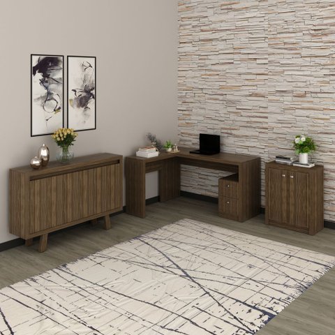 Conjunto de Escritório com Escrivaninha 03 pç CJ43018-060 Tecno Móbili - Tecno Móbili Nogal