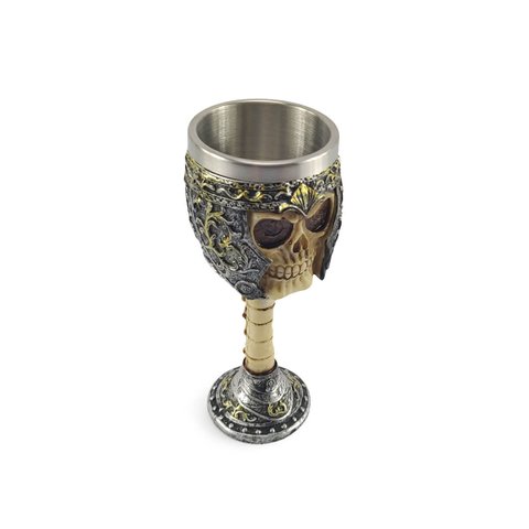 Taça Cálice Em Aço Inox e Resina Crânio Medieval Caveira Guerreiro Osso Rock Colecionável Coquetel C