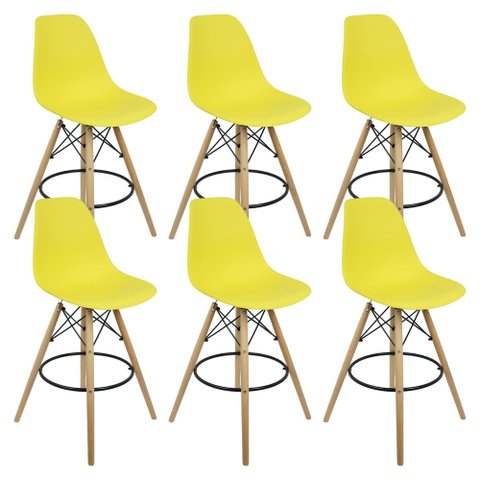 Kit 6 Banquetas Charles Eames Eiffel Wood Design Base Fixa Madeira - Amarela