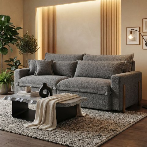 Sofá Cama, Retrátil e Reclinável Dubai,2,10m  Tecido Bouclé, Cinza Molas Ensacadas.