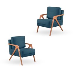 Kit 2 Poltronas Decorativa Mona Luxo Braço de Madeira:veludo Azul - 1