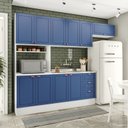 Ver imagem 1 de Cozinha Pérola com Rodapé 4 Peças Paneleiro/Torre Quente Aéreo 3 Portas Balcão 120 e Basculante Yescasa Azul/Branco
