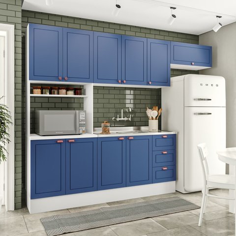 Cozinha Pérola com Rodapé 4 Peças Paneleiro/Torre Quente Aéreo 3 Portas Balcão 120 e Basculante Yescasa Azul/Branco