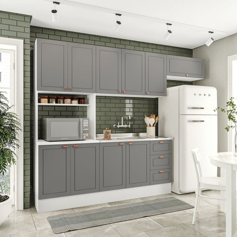 Cozinha Pérola com Rodapé 4 Peças Paneleiro/Torre Quente Aéreo 3 Portas Balcão 120 e Basculante Yescasa Cinza/Branco