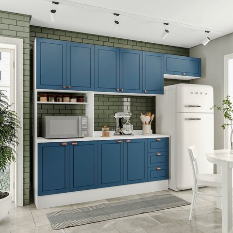 Cozinha Pérola Comtampo Rodapé 4 Peças Paneleiro/Torre Quente Aéreo 3 Portas Balcão 120 e Basculante Yescasa Azul/Branco