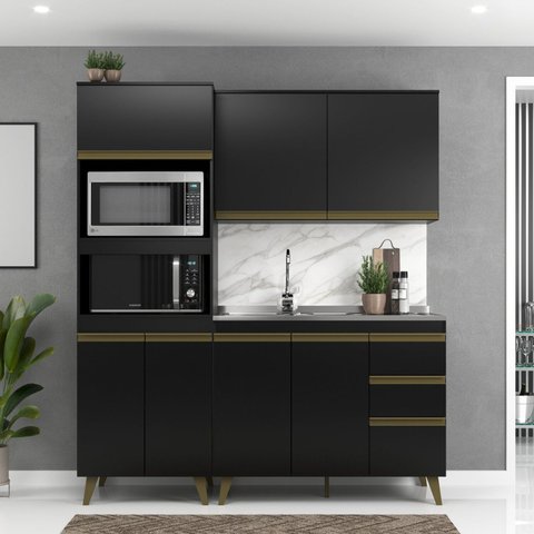 Cozinha Modulada Compacta Ema 3 Peças 7 Portas 3 Gavetas com Torre Quente Yescasa Preto