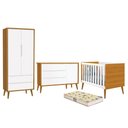 Ver imagem 1 de Dormitório Infantil Theo Retrô 2 Portas, Cômoda 1 Porta, Berço Branco/Savana com Pés Amadeirado
