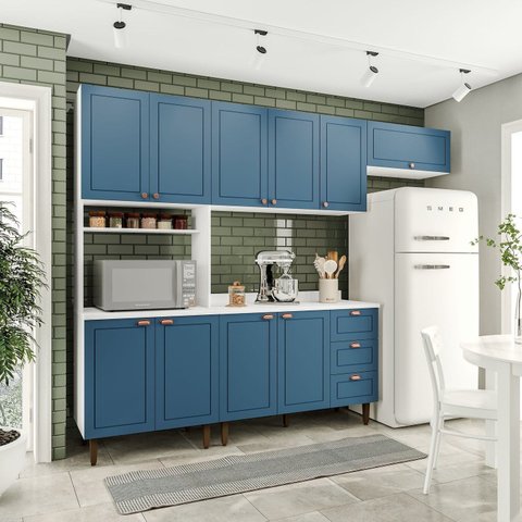 Cozinha Completa Modulada 280cm com Tampo 4 Peças Pérola Yescasa Azul/Branco