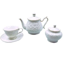 Jogo Para Chá Em Porcelana Com Filete Dourado (14 Peças) - 1