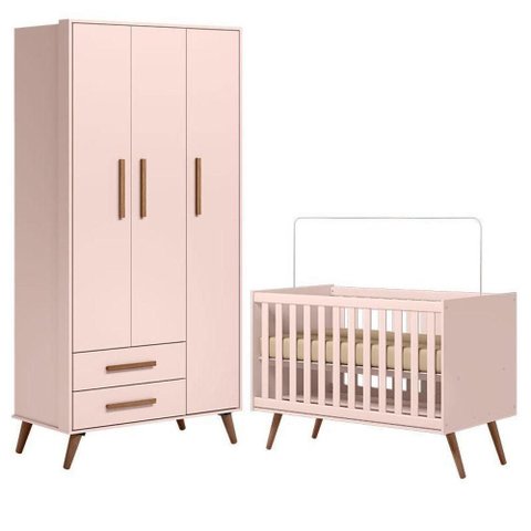 Berço Americano 3820 e Guarda Roupa Roupa 3830 Q Encanto Retrô Rosa - Qmovi