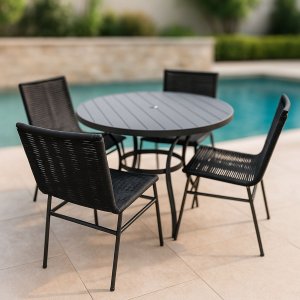 Conjunto Mesa Prime em Alumínio Ripado 1,00m com 4 Cadeiras Corda Náutica Preto