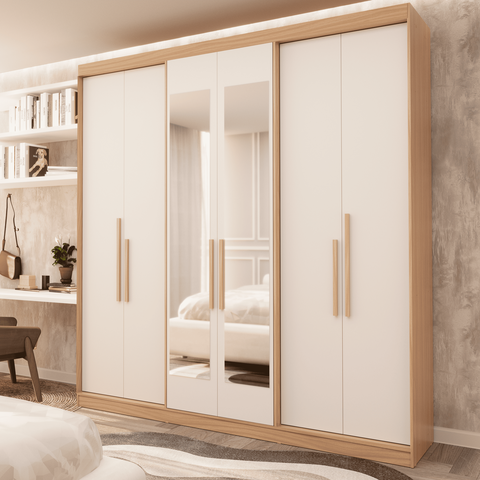 Guarda-Roupa Casal 6 Portas Lugano com Espelho Branco/Cedro/Off White