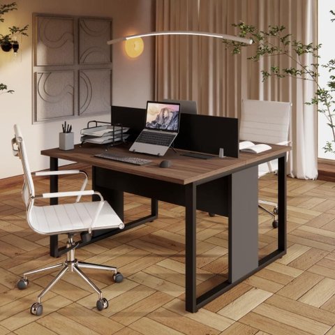 Plataforma Dupla 1,20 m X 1,20 m com Divisória e Caixas de Tomadas Pés Metal F5 Office Cor:Málaga