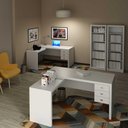 Ver imagem 2 de Kit P/ Escritório com 2 Mesas em L 6 Gavetas e 2 Estantes Br Cor:branco