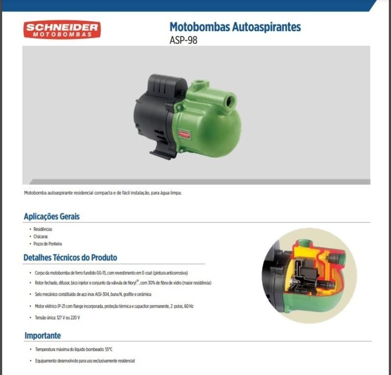 Bomba Schneider Autoaspirante Asp-98 0,33cv Monofásico 220v Verde 220 (m) - 2