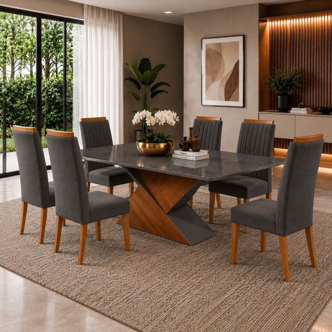 Conjunto Sala de Jantar 6 Lugares Retangular Tampo de Vidro/MDF Eleganza