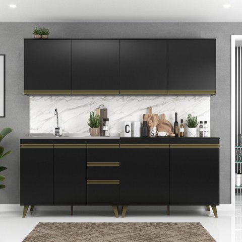 Cozinha Modulada Compacta 4 Peças 8 Portas 3 Gavetas Ema Yescasa Preto