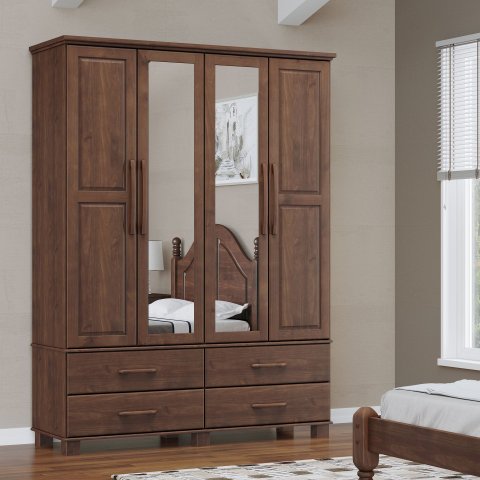 Guarda-Roupa Bipartido 4 Portas 4 Gavetas 100% Madeira Maciça Linha Ouro Marrom/Café