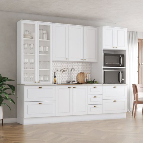 Cozinha Compacta 263cm Americana com Vidro 4 Peças 11 Portas 3 Gavetas Henn