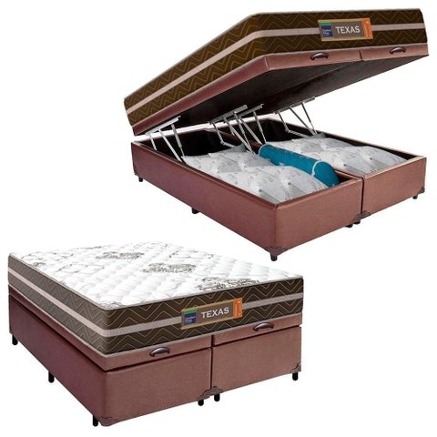 Cama Box Baú Casal Bipartido Sintético + Colchão Molas Ensacadas Texas Prime Colchões