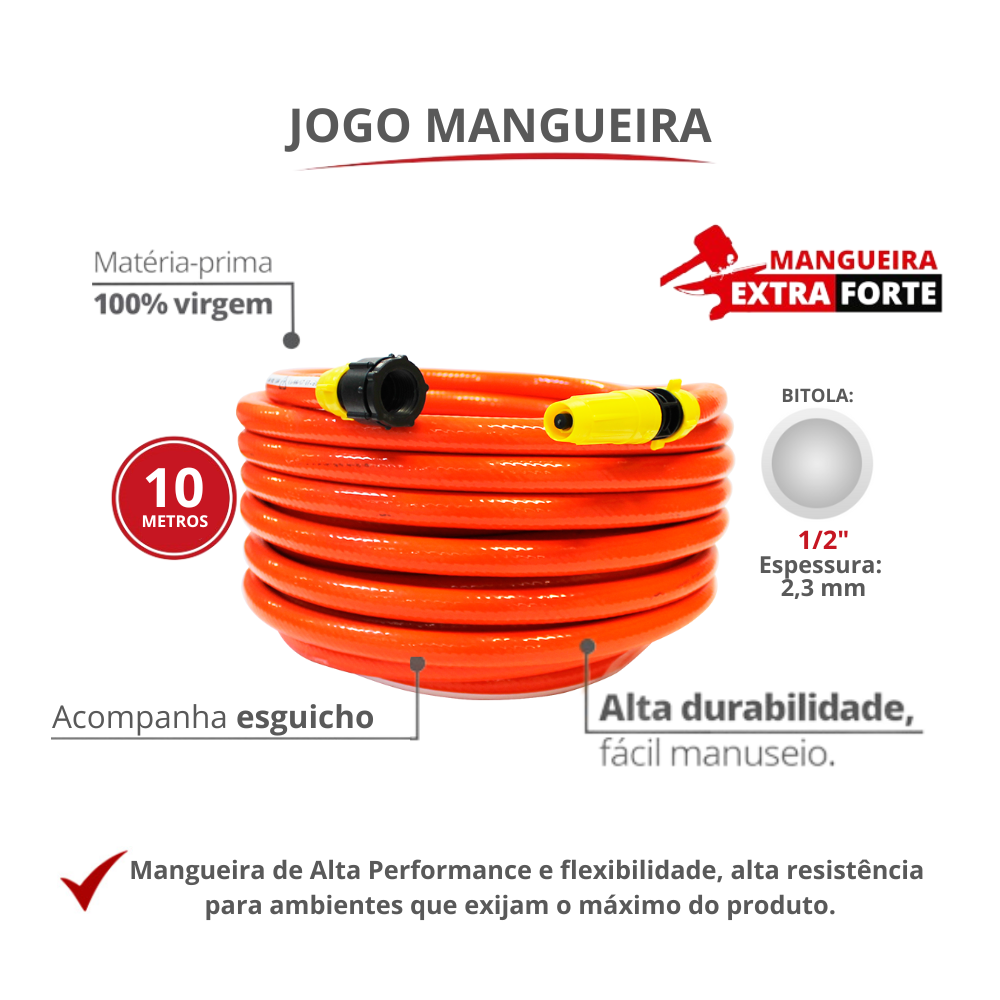 Jogo Mangueira Trançada Jardim Extra Forte e Esguicho Bitola 1/2'' Esp. 2,3mm Rolo 10 Metros Durín - 2