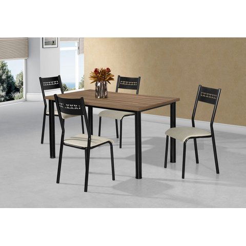 Mesa Jantar Jasmin 1,20x0,80 MDP c/4 Cadeiras Titanium Tampo Nogal Tubo Preto