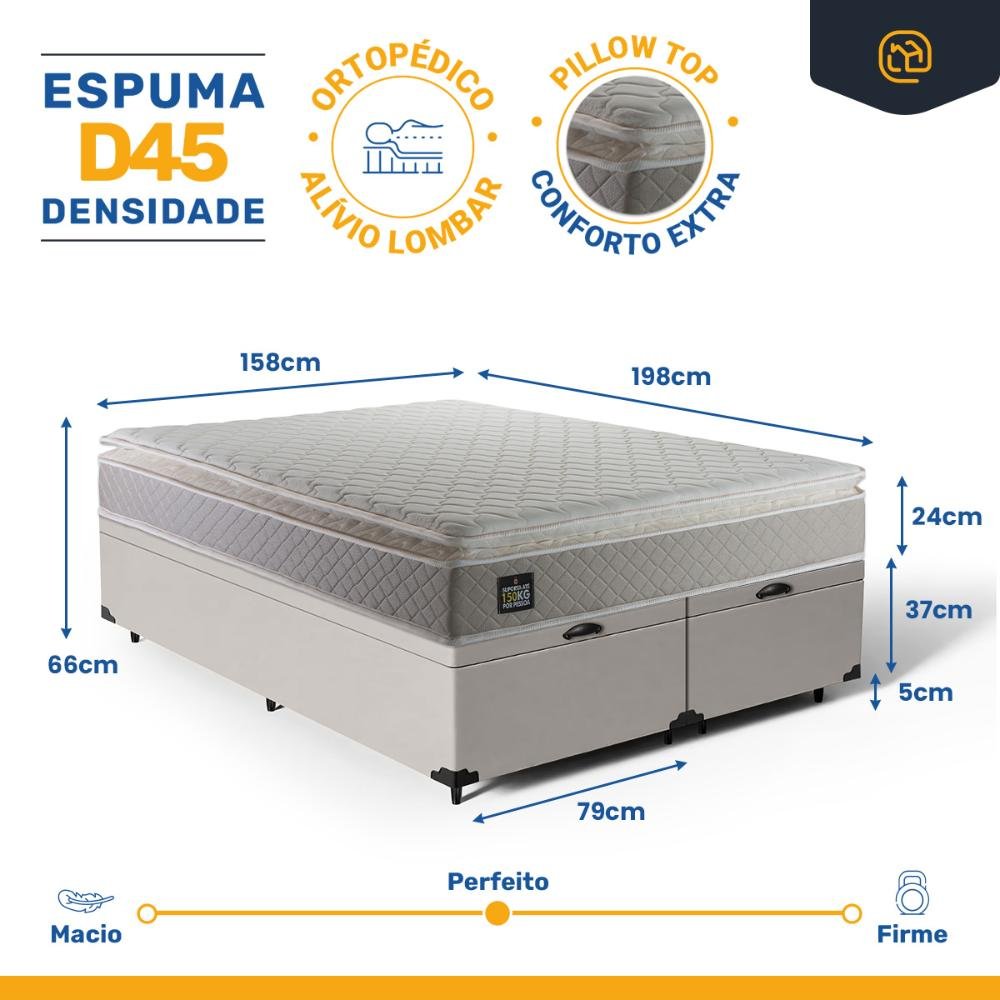 Cama Box Baú Queen com Colchão de Espuma D45 Strong One Face Bege - Suporta até 150kg por Pessoa - 3